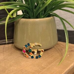 Multicolor Rhinestone GG Brooch  – Statement Jewel Tone Piece